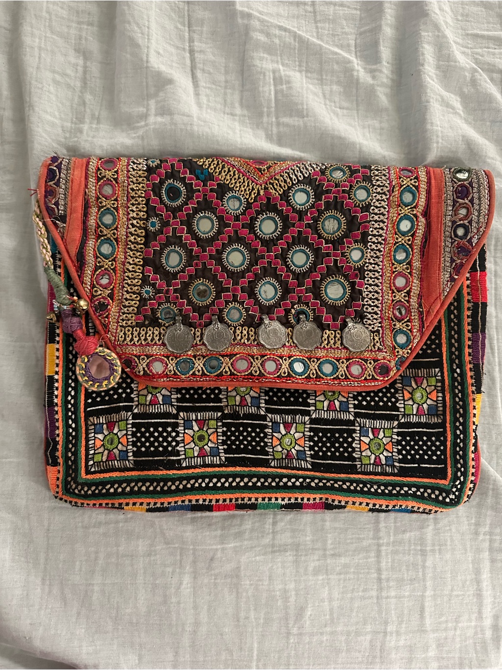 Embroidered Boho Gypsy Banjara Clutch With Coin Details - Multicolor